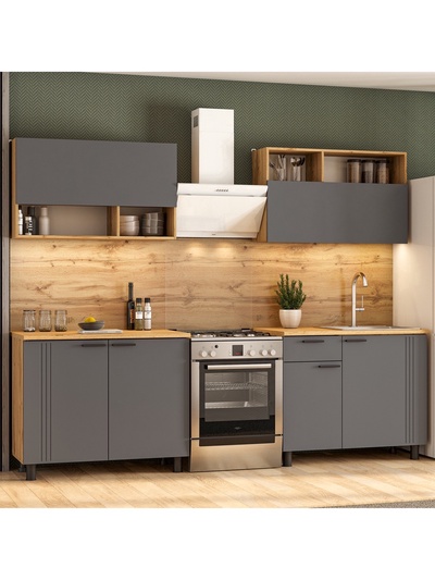 Кухонный гарнитур прямой «Монако», 2000 мм, цвет графит МДФ/дуб золотой ЛДСП/столешница дуб вотан