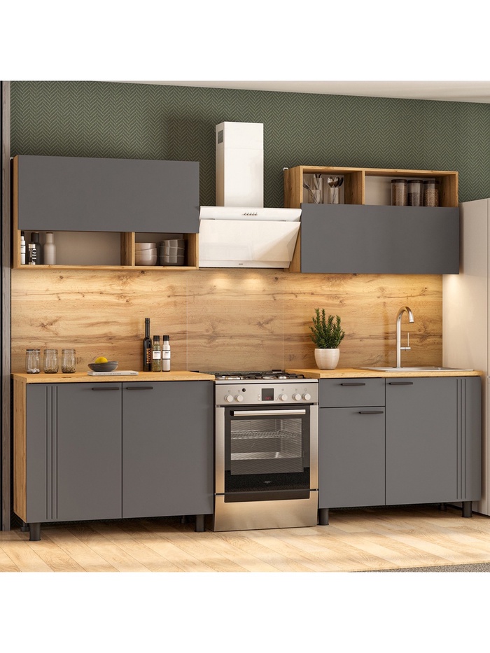 Кухонный гарнитур прямой «Монако», 2000 мм, цвет графит МДФ/дуб золотой ЛДСП/столешница дуб вотан - Фото 1