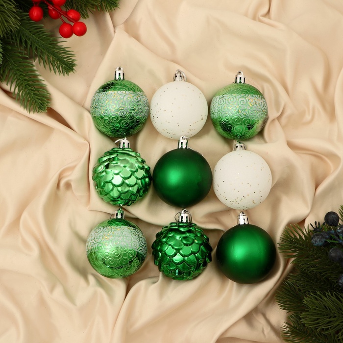 УЦЕНКА Набор шаров пластик d-5,5 см, 9 шт "Гармония" шишки завитки, зелёный белый - Фото 1