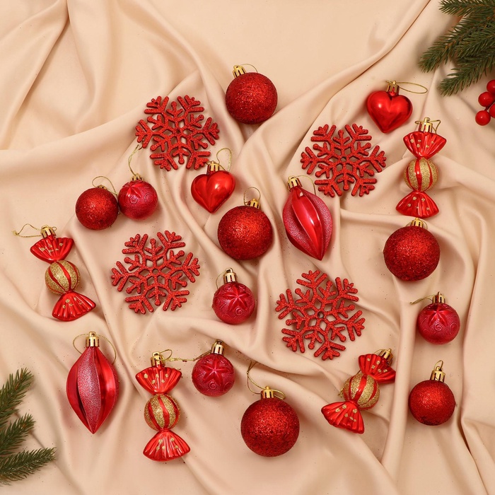 УЦЕНКА Набор ёлочных украшений 22 шт. «Чудесный день», красный - Фото 1