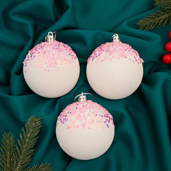 УЦЕНКА Набор шаров пластик d-8 см, 3 шт "Новелла блеск" бело-розовый - Фото 1