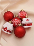 УЦЕНКА Набор ёлочных украшений 6 шт. «Праздник», 4 шара, 2 домика, 6 см, красный - Фото 3