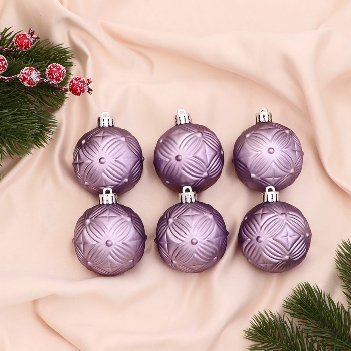 УЦЕНКА Набор ёлочных шаров d=6 см, 6 шт. «Пальметта», сиреневый - Фото 1