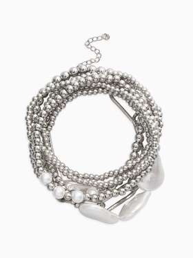 Набор браслетов «Жемчуг Барочный с цепями», 7 шт. белый в серебре