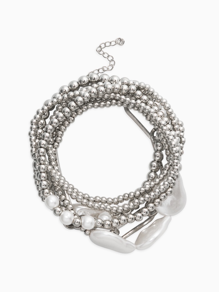 Набор браслетов «Жемчуг Барочный с цепями», 7 шт. белый в серебре