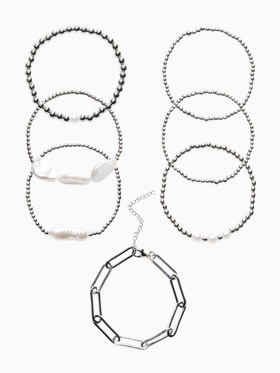 Набор браслетов «Жемчуг Барочный с цепями», 7 шт. белый в серебре  (артикул 10936497)  большой выбор товаров оптом и в розницу по низким ценам с доставкой