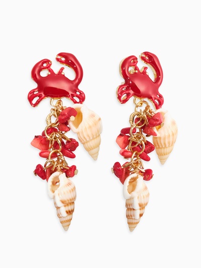 Серьги «Морской мир», краб с ракушками, красные в золоте