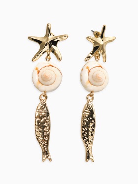 Серьги «Морской мир», рыбки с ракушкой, белые в золоте  (артикул 10938666)  большой выбор товаров оптом и в розницу по низким ценам с доставкой