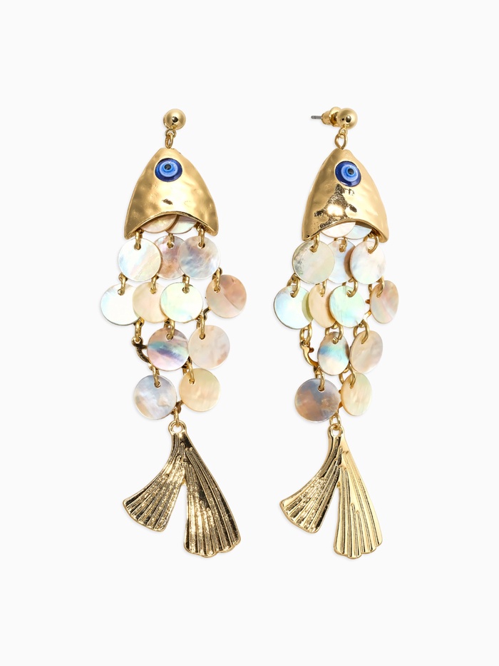 Серьги «Морской мир» рыба, серые в золоте - Фото 1