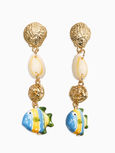 Серьги «Морской мир», рыбы с ракушками, бело-зелёные в золоте