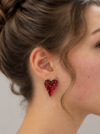 Серьги «Сердце», шипы, красные в золоте