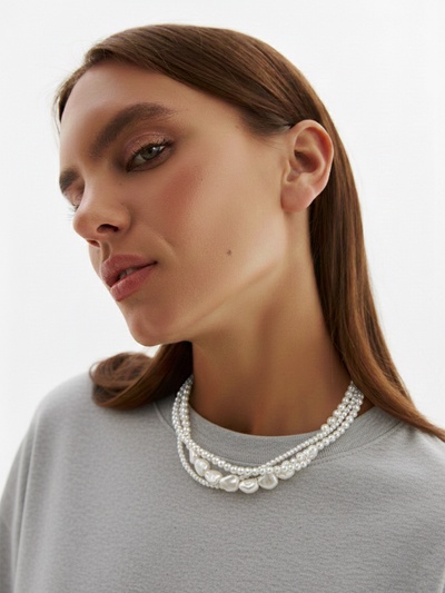 Чокер- бусы «Сияние жемчуга. Сердце мятое», L=45 см, белый в серебре