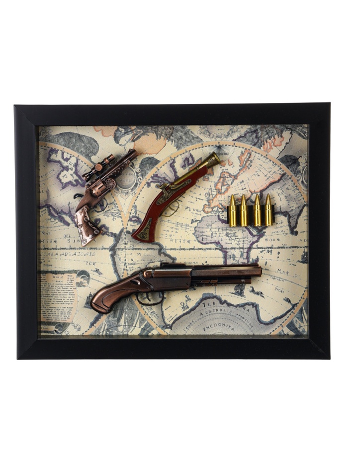 Панно настенное в раме с макетом оружия сувенирного «Карта. Револьверы и 4 пули», 35×43×4.5 см - Фото 1