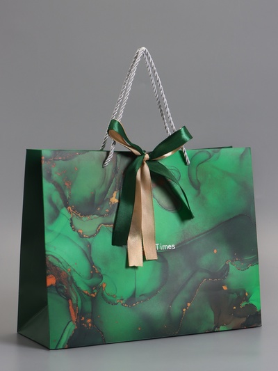 Пакет подарочный ламинированный «Мрамор», зеленый с бантиком, 32×25×11 см