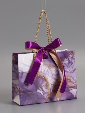 Пакет подарочный ламинированный «Мрамор», фиолетовый с бантиком, 19×15×7 см