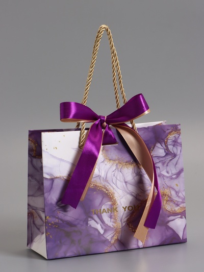 Пакет подарочный ламинированный «Мрамор», фиолетовый с бантиком, 19×15×7 см