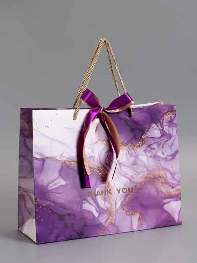 Пакет подарочный ламинированный «Мрамор», фиолетовый с бантиком, 32×25×11 см