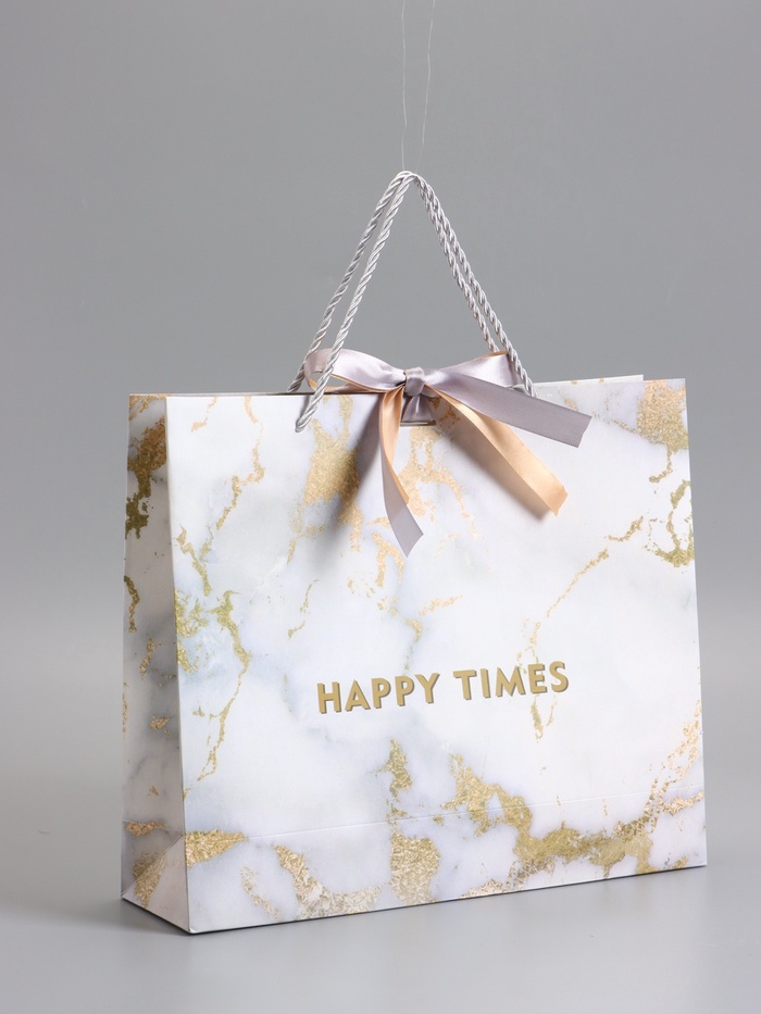 Пакет подарочный ламинированный «Мрамор», белый, с бантиком, 35×30×10 см - Фото 1