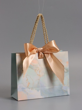 Пакет подарочный ламинированный «Мрамор», голубой, с бантиком, 19×15×7 см