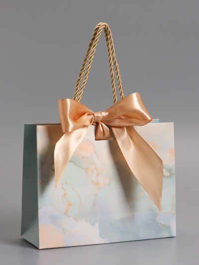 Пакет подарочный ламинированный «Мрамор», голубой, с бантиком, 19×15×7 см