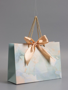 Пакет подарочный ламинированный «Мрамор», голубой, с бантиком, 28×20×10 см