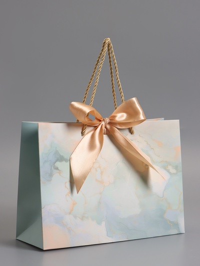 Пакет подарочный ламинированный «Мрамор», голубой, с бантиком, 28×20×10 см