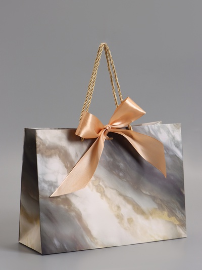 Пакет подарочный ламинированный «Мрамор», серо-бежевый, с бантиком, 28×20×10 см