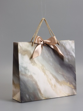 Пакет подарочный ламинированный «Мрамор» , серо-бежевый, с бантиком, 35×30×10 см