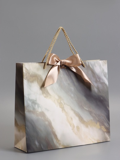 Пакет подарочный ламинированный «Мрамор», серо-бежевый, с бантиком, 35×30×10 см