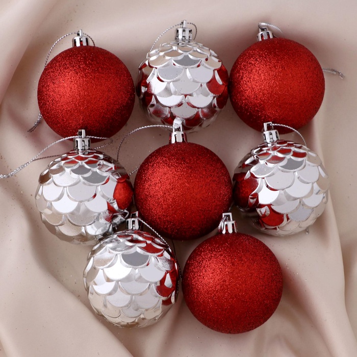 УЦЕНКА Набор шаров пластик d-6 см, 8 шт "Шишечки и блеск" серебро красный - Фото 1