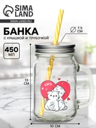 УЦЕНКА Банка с ручкой, крышкой и трубочкой "Котик" 450 мл, 10х7,5х13 см - Фото 1