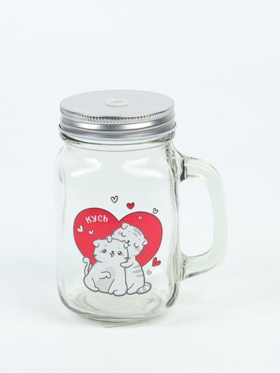 УЦЕНКА Банка с ручкой, крышкой и трубочкой "Котик" 450 мл, 10х7,5х13 см