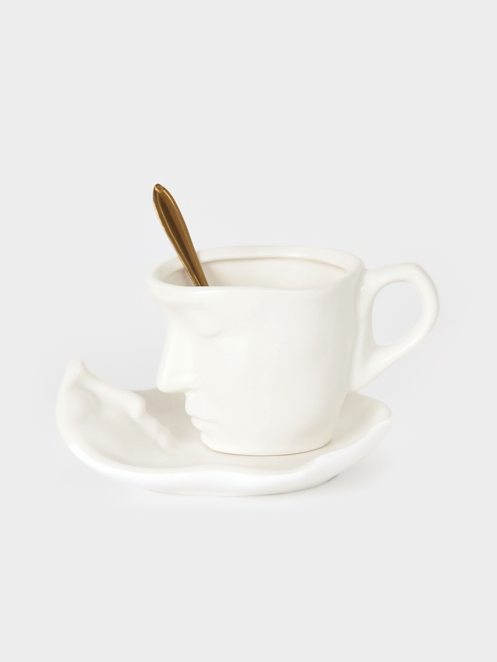 Чайная пара «Поцелуй. Лицо», 3 предмета: блюдце 14×5 см, чашка 250 мл, 12×9×8 см, ложка, керамика, белая - Фото 1