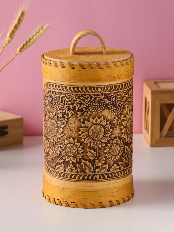 Туес «Подсолнухи», банка для хранения, 12×17 см, береста
