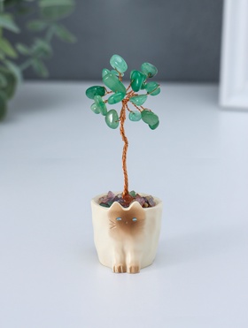 Денежное дерево декоративное «Сувенир бонсай. Котик-горшок», 12 зелёных камней, 3.3×3.4×8.8 см