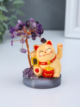 Маятник настольный антистресс от солнечной батареи «Жёлтый Манэки-нэко у дерева», 36 камней, 5.5×5.5×11 см