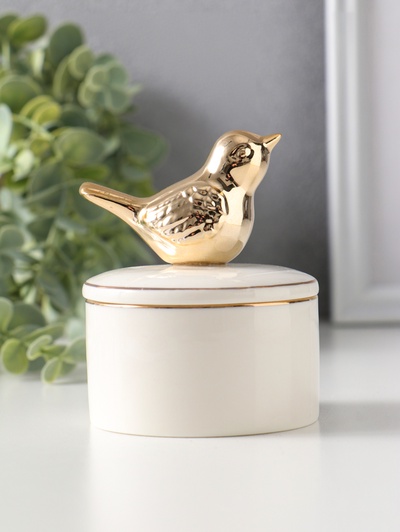Шкатулка для украшений керамика с золотой линией «Птичка», с крышкой, 7×7×9 см