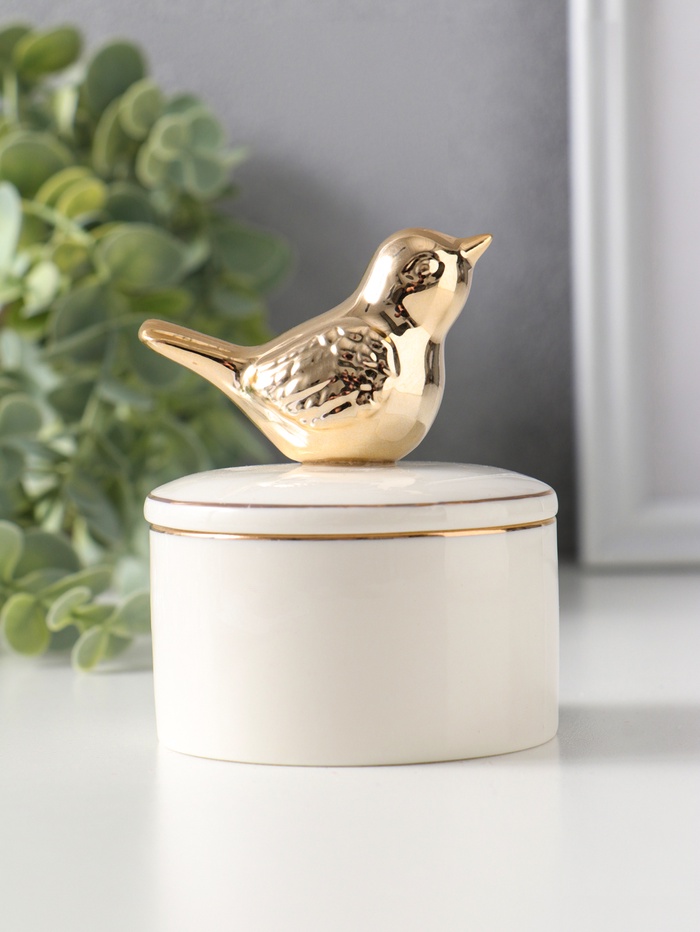 Шкатулка для украшений керамика с золотой линией «Птичка», с крышкой, 7×7×9 см - Фото 1