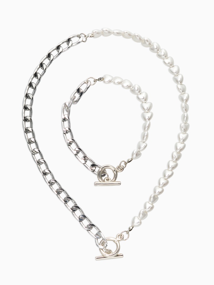 Набор 2 предмета: колье, браслет «Жемчужное сердце с цепочкой», 18 и 42 см, белый в серебре