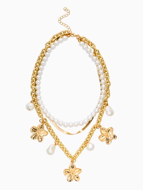 Колье многослойное с подвесками «Жемчуг с цветами», 3 уровня, 34, 36, 40 см, медь, белое в золоте
