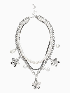 Колье многослойное с подвесками «Жемчуг с цветами», 3 уровня, 34, 36, 40 см, медь, белое в серебре