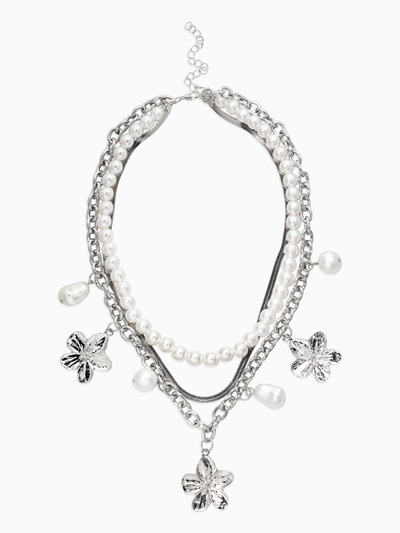 Колье многослойное с подвесками «Жемчуг с цветами», 3 уровня, 34, 36, 40 см, медь, белое в серебре