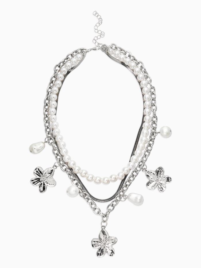 Колье многослойное с подвесками «Жемчуг с цветами», 3 уровня, 34, 36, 40 см, медь, белое в серебре - Фото 1