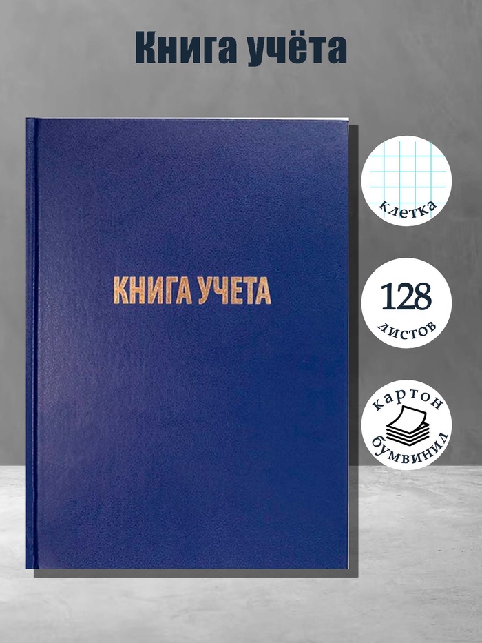 Книга учета А4, 128 листов, клетка, 200×290 мм, бумвинил, синий, блок офсетный - Фото 1
