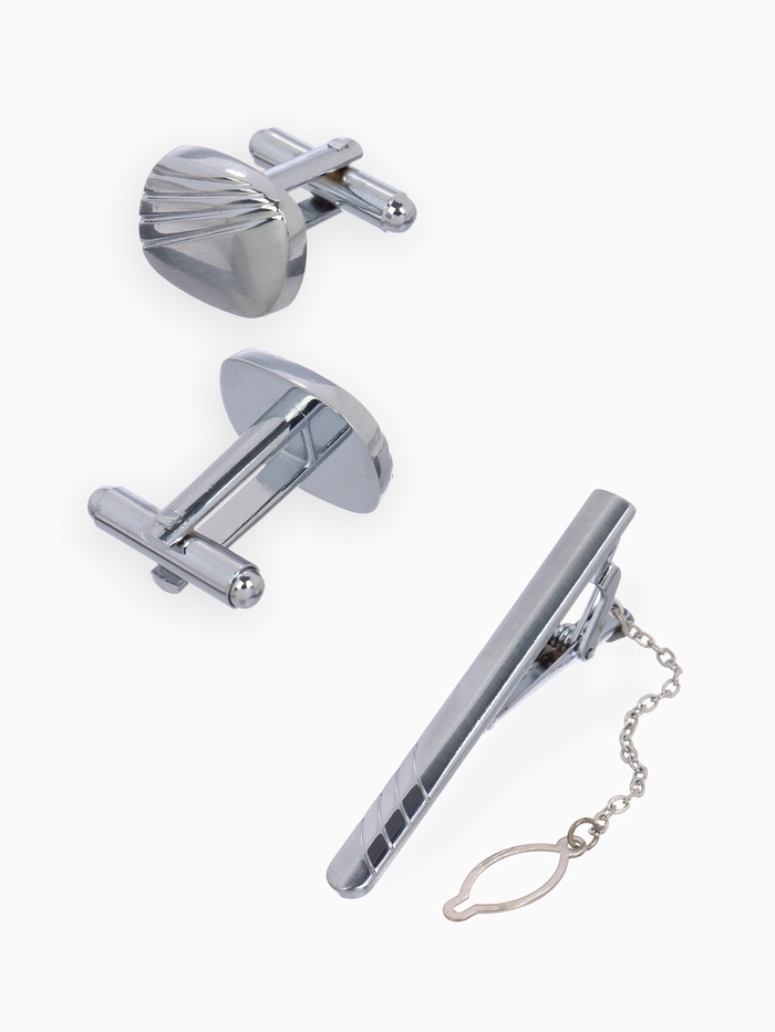 УЦЕНКА Набор мужской стальной «Запонки + Зажим для галстука», линии, цвет серебро - Фото 1