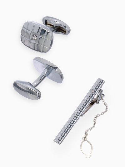 УЦЕНКА Набор мужской стальной «Запонки + Зажим для галстука», клетки, белая в серебре