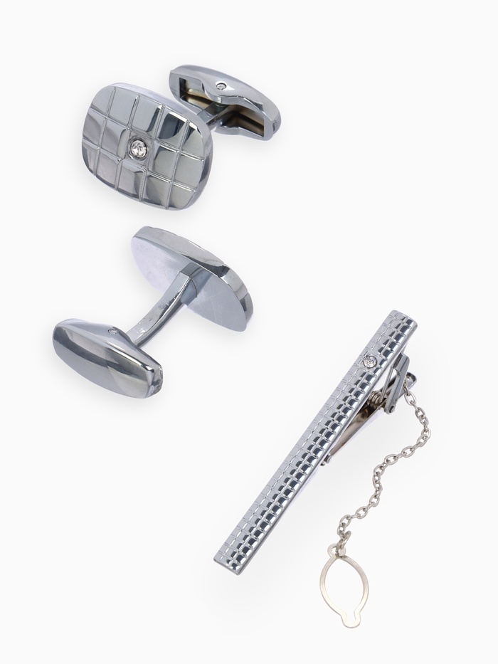 УЦЕНКА Набор мужской стальной «Запонки + Зажим для галстука», клетки, белая в серебре - Фото 1