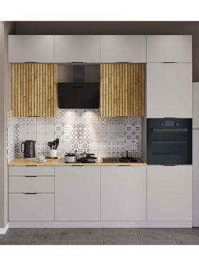 Кухонный гарнитур прямой трёхровневый под потолок «Виктория 1–3Я», 2400×2520 мм, цвет кашемир/тегола