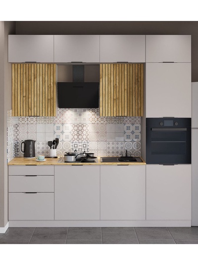 Кухонный гарнитур прямой трёхуровневый под потолок «Виктория 1–3Я», 2400×2520 мм, цвет кашемир/тегола