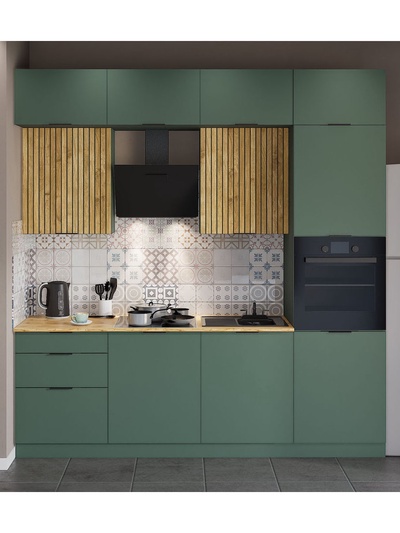 Кухонный гарнитур прямой трёхуровневый под потолок «Виктория 1–3Я», 2400×2520 мм, цвет кипарисовый/тегола